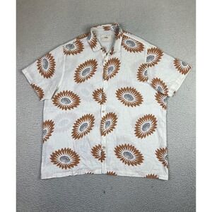 Folk Shirt Mens Large White Brown Sunflower Print Short Sleeve Button Up Linen